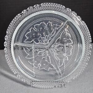 Divided Three Section Relish Tray Pressed Clear Glass Fruit Motif Pears Berries